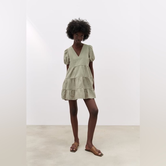❣️SOLD❣️ Zara Tiered Green Mini Dress Size M - Picture 4 of 12
